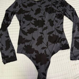 Z Supply Floral Long Sleeve Bodysuit in Charcoal and Black